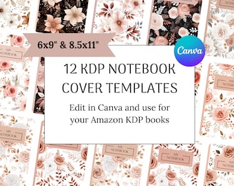 12 portadas de cuadernos KDP, plantillas de portadas de libros KDP, plantilla kdp Canva, diseño de portada de libros, portada floral kdp, plantilla kdp 6x9 y 8.5x11