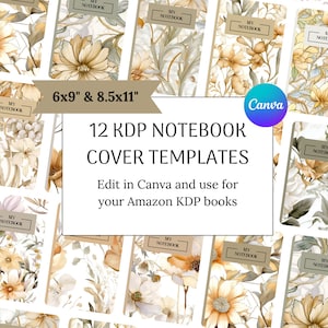 12 KDP floral book cover templates, KDP template 6x9, kdp cover 8.5x11, KDP Canva template notebook cover, kdp paperback cover, cover design
