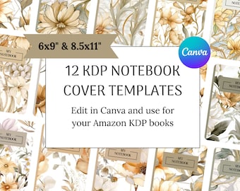 12 plantillas de portada de libros florales de KDP, plantilla KDP 6x9, portada de kdp 8.5x11, portada de cuaderno de plantilla KDP Canva, portada de bolsillo de kdp, diseño de portada