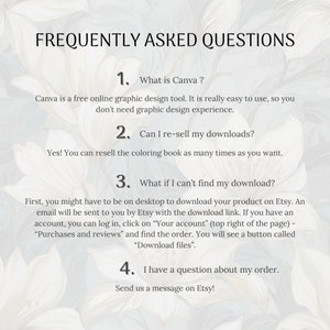 May include: A white background with black text outlining frequently asked questions about Canva, a free online graphic design tool. The text includes questions about re-selling downloads, finding downloads, and contacting the seller about an order.
