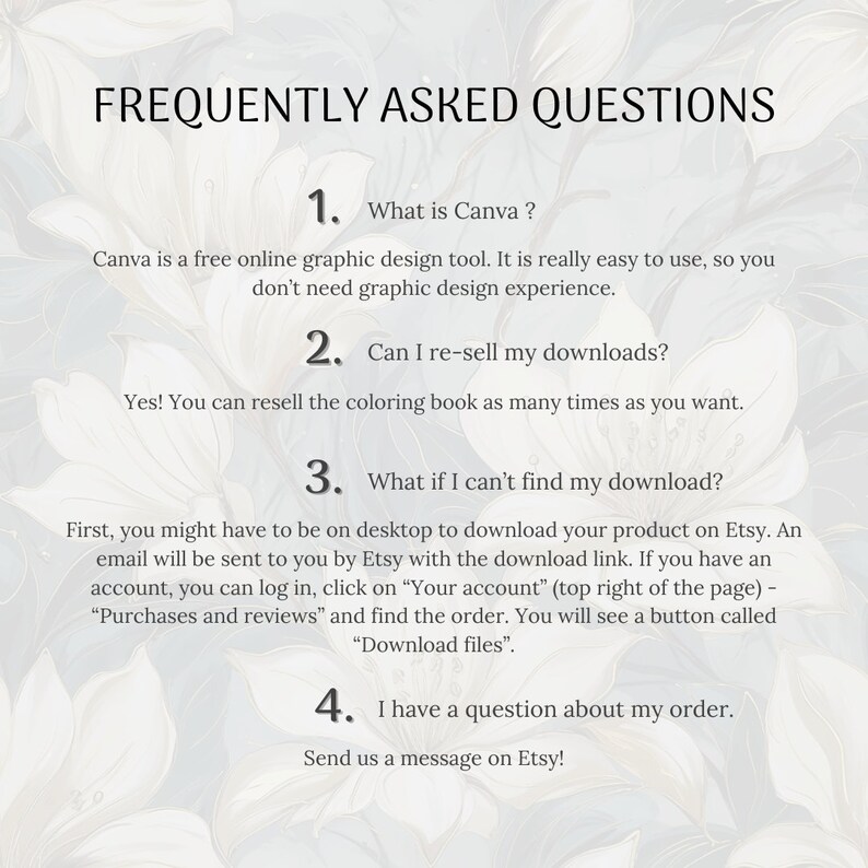 May include: A white background with black text outlining frequently asked questions about Canva, a free online graphic design tool. The text includes questions about re-selling downloads, finding downloads, and contacting the seller about an order.