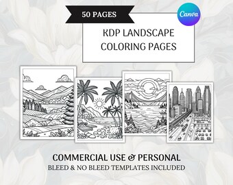KDP Landscape coloring pages, Printable Nature landscape coloring book, KDP interior bundle, Resell rights coloring sheets, PLR templates