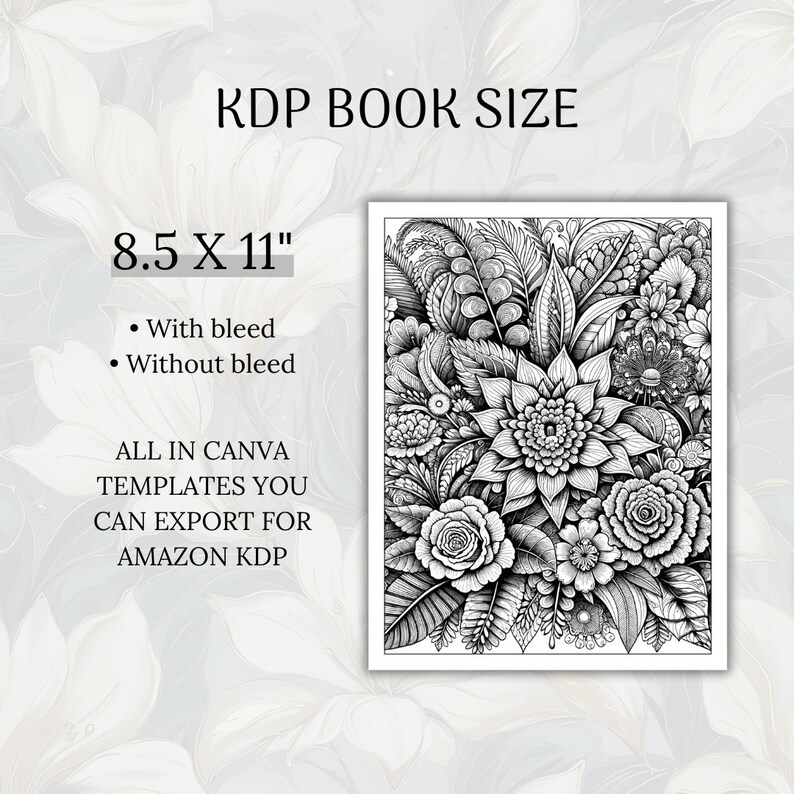May include: Black and white illustration of a floral design with a large sunflower in the center. The text "KDP BOOK SIZE 8.5 X 11" is at the top of the image. The text "With bleed" and "Without bleed" are below the size. The text "ALL IN CANVA TEMPLATES YOU CAN EXPORT FOR AMAZON KDP" is at the bottom of the image.
