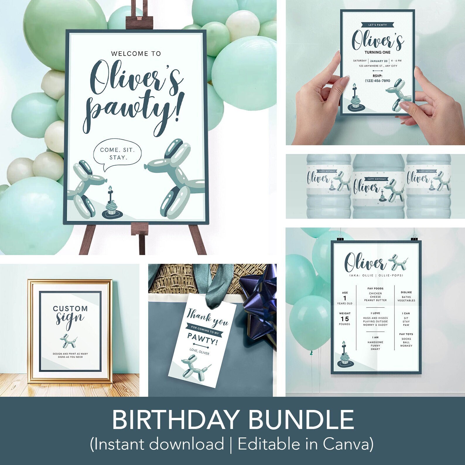 Digital Dog Birthday Bundle - Canva Editable Party Printables - Customizable