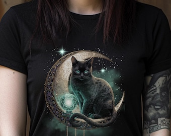 Mystical Cat T-Shirt: Black Tee with Crescent Moon, Charms, and Witchy Vibes