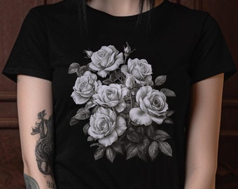 Gothic Rose Bouquet T-Shirt: Black Tee with Dark Romantic Floral Design