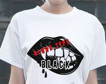 Blood Type Black T-Shirt: Gothic Vampire Fang Tee in White for Horror Fans