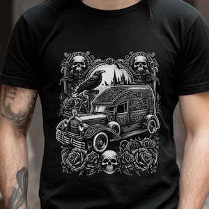 Gothic Hearse T-Shirt: Unisex Skulls, Crow & Roses Graphic Tee