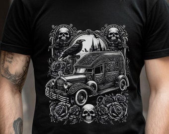 Gothic Hearse T-Shirt: Unisex Skulls, Crow & Roses Graphic Tee