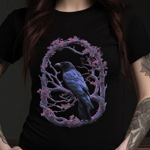 Mystical Gothic Crow T-Shirt: Night Blossoms and Unique Halloween Fashion from GothandGhoul