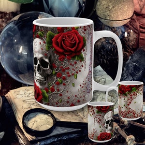 Enchanting Skull and Roses 15oz Ceramic Mug: Gothic Coffee Cup, Dark Red Rose Design, Perfect Gift for Tea Lovers