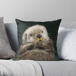 Sea otter cushion, an adorable 18&quot;/45cm square throw pillow printed from an original painting | cute pillow cushion