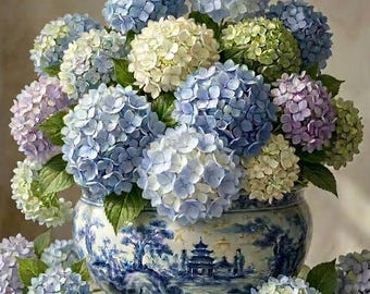 Blue & White Hydrangea Bowl Wall Art | Chinoiserie Floral Print | Coastal Cottage Decor | Elegant Botanical Printable | Island House Atelier
