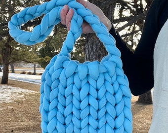 Handmade Chunky Knit Shoulder Bag, Chunky Knit Bag, Crochet Tote Bag, Boho Bubble Bag | Baby Blue