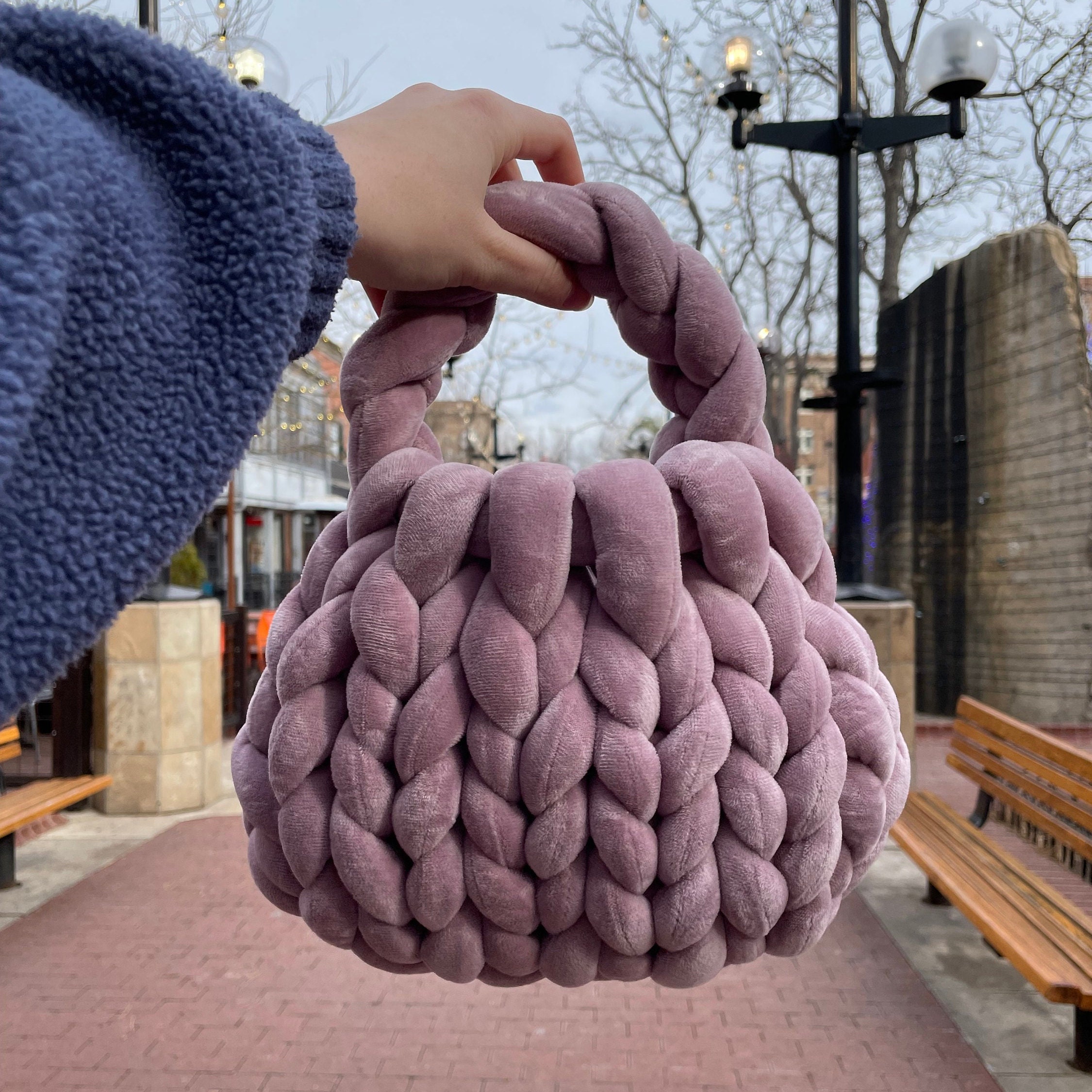 Velvet Chunky Knit Bag, Handmade Chunky Yarn Purse, Chunky
