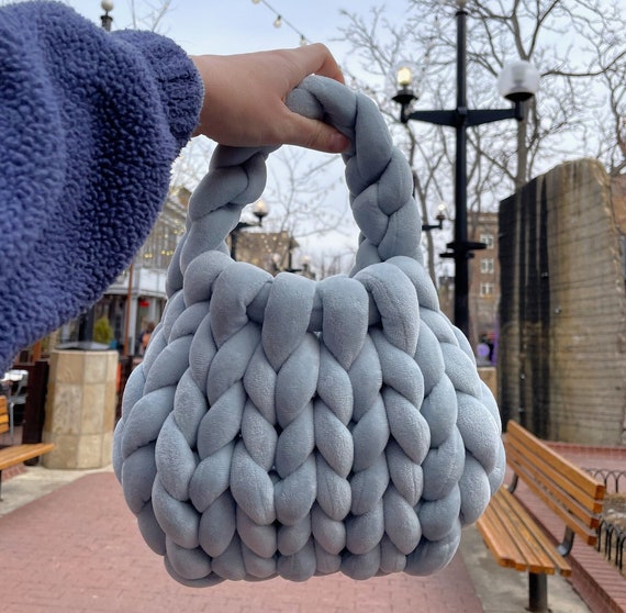 Velvet Chunky Knit Bag, Handmade Chunky Yarn Purse, Chunky