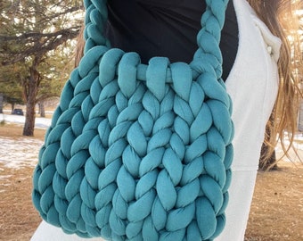 Handmade Chunky Knit Shoulder Bag, Chunky Knit Bag, Crochet Tote Bag, Boho Bubble Bag | Teal Green