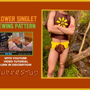 Puede incluir: Un patrón de costura para un singlet de flores, con un enlace a un tutorial de video de YouTube en la descripción. La imagen muestra a una persona usando un singlet marrón con un diseño de flor amarilla y pantalones cortos amarillos a juego. El texto "SUPERSTUD" también es visible en la imagen.