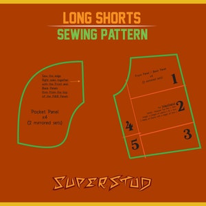 May include: A sewing pattern for long shorts with a green outline and red lines. The pattern includes instructions for sewing the edges, pocket panels, waistband, and front and back panels. The pattern is labelled "SUPERSTUD".