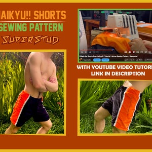 May include: A sewing pattern for Haikyu!! shorts, with a black and orange color scheme. The pattern is called "Superstud" and includes a YouTube video tutorial link in the description.