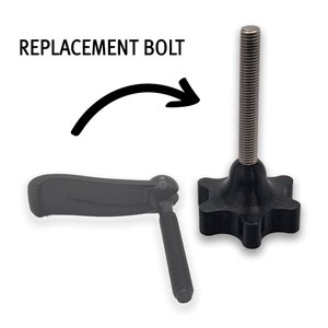 Op de afbeelding: Vervangende bout voor een zwarte kunststof knop met een zespuntige stervorm en een zwarte kunststof hendel.