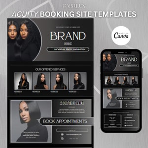 May include: A website template for booking appointments. The template features a black and white colour scheme with a modern design. The text "BRAND" is displayed prominently at the top of the page. The template includes sections for listing services, about the owner, and booking appointments.