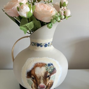 Neutral colours baby cow, calf and Horses decoupage glass flower vase jug.