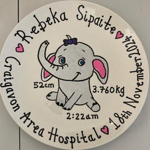 Personalised Baby Birth Plate – Custom Newborn Keepsake with Name ,Birth Details – Baby Shower Gift & Nursery Decor – Cute Elephant Design