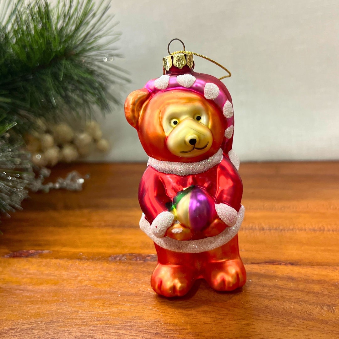Vintage Italian Blown Glass Bear Ornament, Mercury Glass Ornament