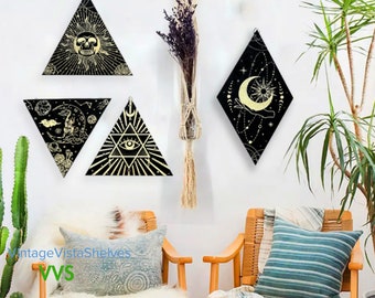 Boho Harmony: Rustic Wall Hanging Art - Sun, Moon & Vibes, Eye Sign, Rhombus, Triangular Pendulum Board, Tarot Charm. Unique Room Decor