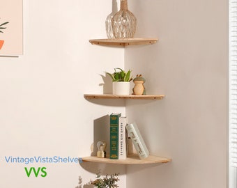 Curved Elegance: Wood Floating Shelves with Round End - Wall Mounted Floating Corner Shelf for Bedroom, Living Room, and Kitchen | Handmade