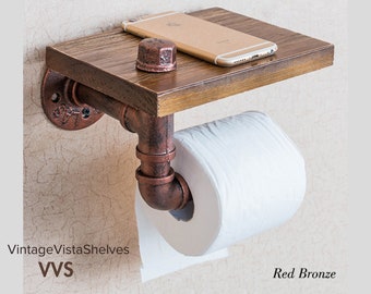 Rustic Elegance: Industrial Wall Mount Wood Storage Shelf with Iron Pipe Accent - Unique Toilet Paper Holder | Handmade Toilet Paper Shelf