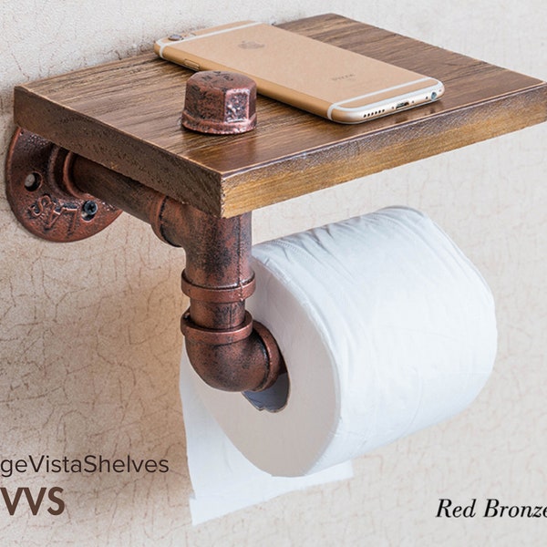 Rustic Elegance: Industrial Wall Mount Wood Storage Shelf with Iron Pipe Accent - Unique Toilet Paper Holder | Handmade Toilet Paper Shelf