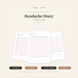 May include: A digital migraine and headache diary and attack log with three visible pages featuring tables for tracking symptoms. The text reads Migraine & Headache, Headache Diary & Attack Log, Monthly Overview, Attack Log, 29 Pages, Undated, A4, A5, Letter, 3 Colours, Instant Download, Print at Home, Print Again Any Time.
