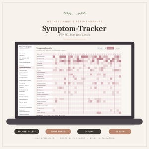 Könnte beinhalten: Ein digitaler Symptom-Tracker für Wechseljahre und Perimenopause auf einem Laptop-Bildschirm. Die Benutzeroberfläche zeigt ein Raster zur Symptomverfolgung in verschiedenen Rosatönen. Der Text umfasst "Wechseljahre & Perimenopause Symptom-Tracker" sowie "Rechnet selbst, ohne Konto, offline, DE & EN".
