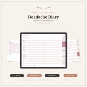 May include: A digital migraine and headache diary for tablets featuring a monthly overview grid, tabbed navigation, and a light pink color scheme. The text reads Migraine & Headache Headache Diary Digital edition for tablets, 28 pages, hyperlinked, Goodnotes, 3 colours, instant download, write with a stylus, use it for years.