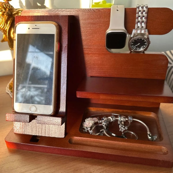 Organisateur de chevet en bois multifonction en bois, station d'accueil pour téléphone, porte-clés, support de portefeuille, organisateur de montre, table de chevet élégante pour lui pour elle