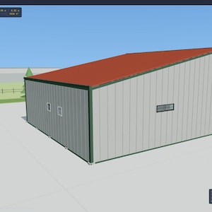 Op de afbeelding: Een digitaal 3D-model van een rechthoekig metalen gebouw met lichtgrijze verticale gevelbekleding, donkergroene hoekafwerking en een rood lessenaarsdak. De structuur heeft twee kleine vierkante ramen en één rechthoekig raam aan de voorzijde.