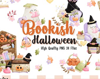 Clipart de Halloween de libros: Fantasmas de acuarela, gato, libros (Descarga digital PNG, conjunto de 34)