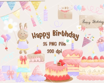 Clipart de Feliz Cumpleaños: Pegatinas PNG dibujadas a mano (Descarga digital)