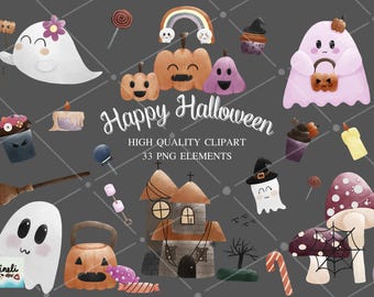 Clipart de feliz Halloween, clipart de casa embrujada, clipart de acuarela de Halloween, lindo, truco o trato, clipart de calabaza, telaraña