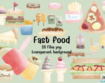 Clipart de comida rápida: Pegatinas estilo acuarela (Descarga digital)