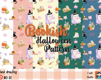 Patrón sin costuras de Halloween literario: bruja, fantasma y gato (descarga digital en papel)