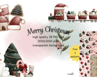 Clipart navideño, vacaciones, Feliz Navidad, decoración de tarjetas, planificador, tiempo festivo, acuarela, imprimible