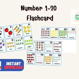 Number 1-20 flash cards, number card, pre-school card, home school child, flashcards about number, cute card
