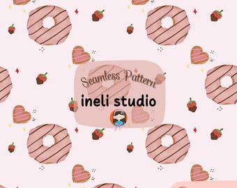 Patrón sin costuras de postre dulce rosa: donut, galleta de chocolate y fresa con forma de corazón / 5000 x 5000 px, 300 ppp, PNG, JPEG