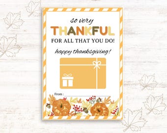 Thanksgiving Gift Card Holder, Thankful Printable Gift Card Holder, Teacher/Staff Gift, Fall Gift Card, Employee Gift Card