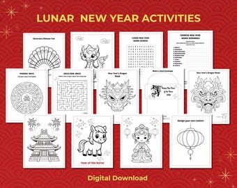 Chinese New Year Printable Activities with Coloring Pages, Lunar New Year Word Search, Dragon Mask, Red Envelope, Year of the Horse