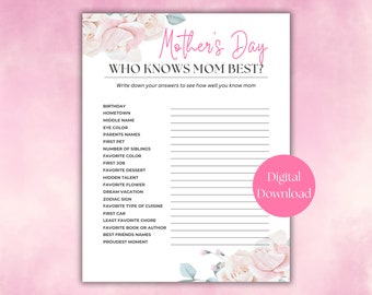 Who Knows Mom Best Mother's Day Game, All About My Mom Printable Game, How Well Do You Know Mom, Tea Party Brunch Game
