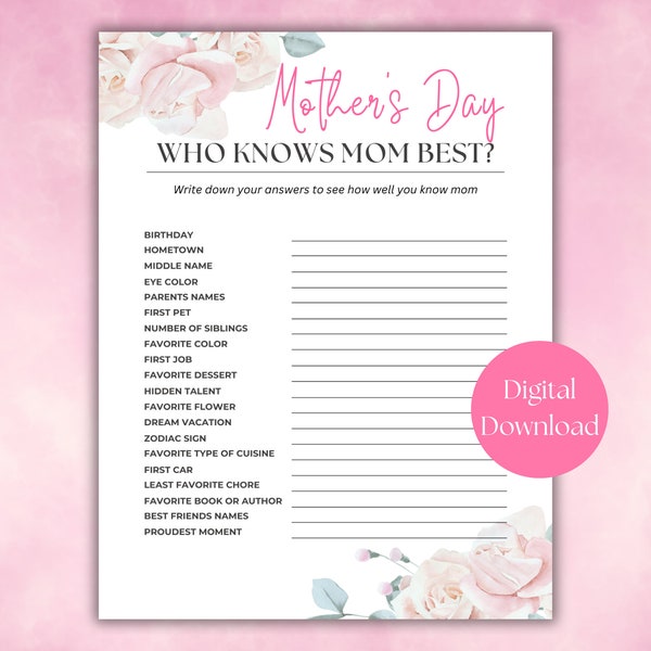 Mother Day Who Knows Mom Best, All About My Mom Printable Game, Who Knows Mommy Quiz, How Well Do You Know Mom, Tea Party Brunch Games